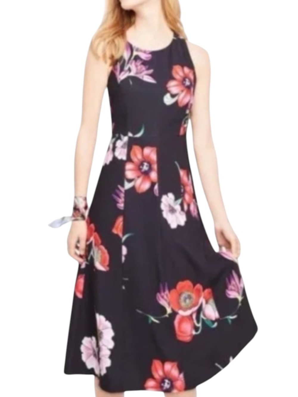 ANN TAYLOR FACTORY Floral Print Crossback Bow Dress Black w/ Colorful Florals 6